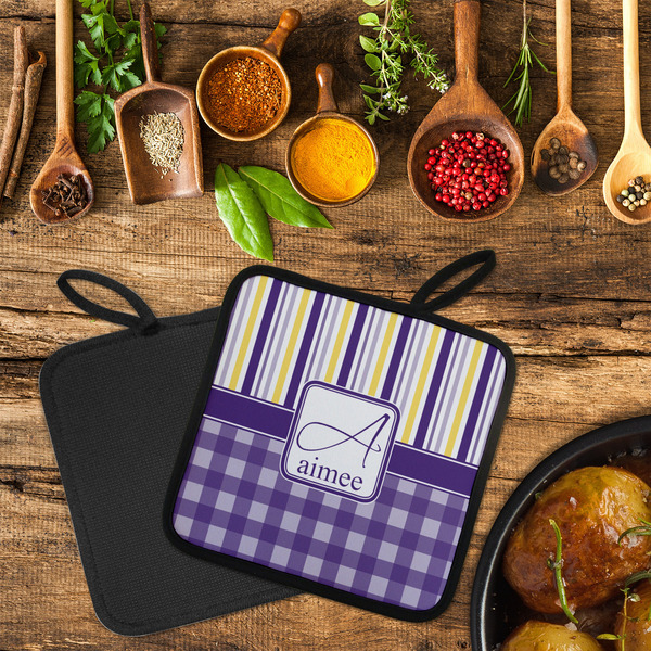 Purple Gingham & Stripe Neoprene Pot Holder - Set of 2  LIFESTYLE (Flatlay)