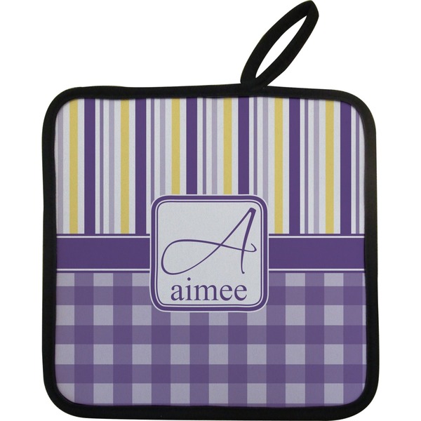 Custom Purple Gingham & Stripe Pot Holder w/ Name and Initial