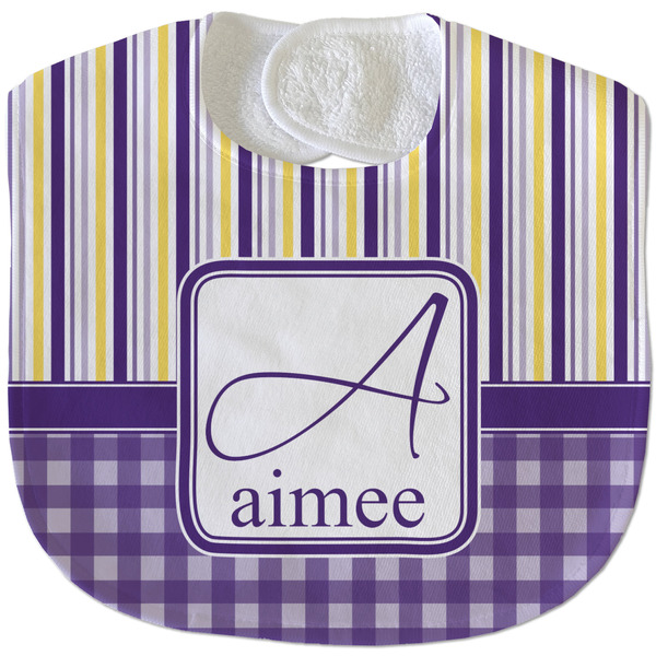 Purple Gingham & Stripe New Baby Bib - Closed and Folded