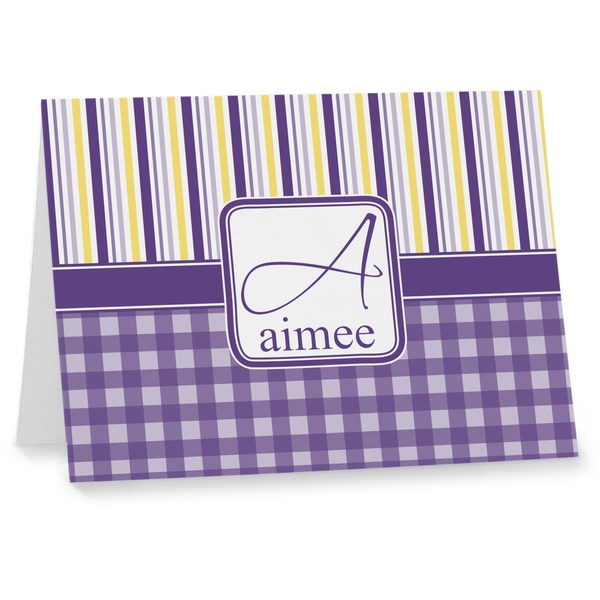 Custom Purple Gingham & Stripe Note cards (Personalized)