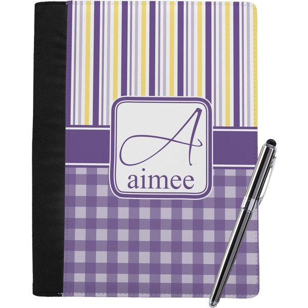 Custom Purple Gingham & Stripe Notebook Padfolio - Large w/ Name and Initial