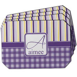 Purple Gingham & Stripe Dining Table Mat - Octagon w/ Name and Initial