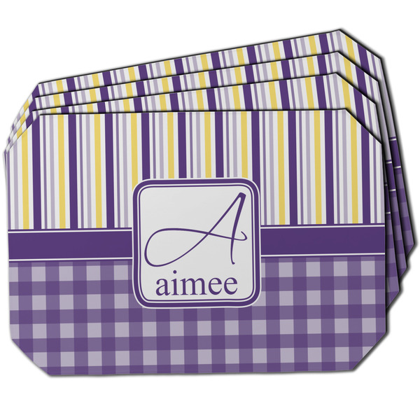 Custom Purple Gingham & Stripe Dining Table Mat - Octagon w/ Name and Initial