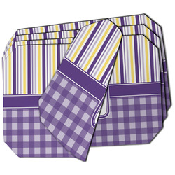 Purple Gingham & Stripe Dining Table Mat - Octagon - Set of 4 (Double-SIded) w/ Name and Initial