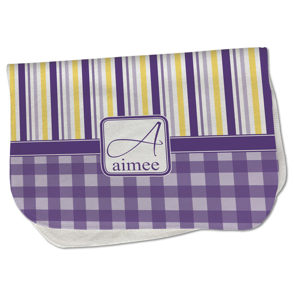 Custom Purple Gingham & Stripe Burp Cloth - Fleece w/ Name and Initial