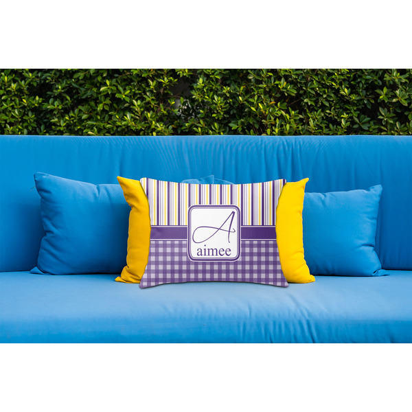 Purple Gingham & Stripe Outdoor Throw Pillow  - LIFESTYLE (Rectangular - 20x14)
