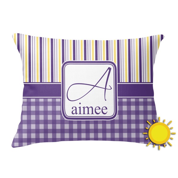Custom Purple Gingham & Stripe Outdoor Throw Pillow (Rectangular) (Personalized)