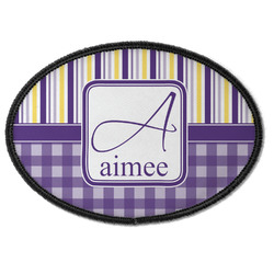 Purple Gingham & Stripe Iron On Oval Patch w/ Name and Initial