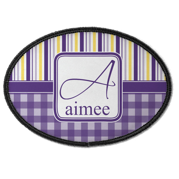 Custom Purple Gingham & Stripe Iron On Oval Patch w/ Name and Initial