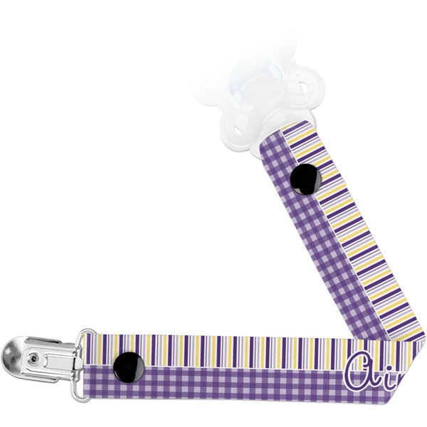 Custom Purple Gingham & Stripe Pacifier Clip (Personalized)
