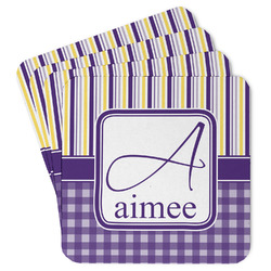 Purple Gingham & Stripe Paper Coasters w/ Name and Initial