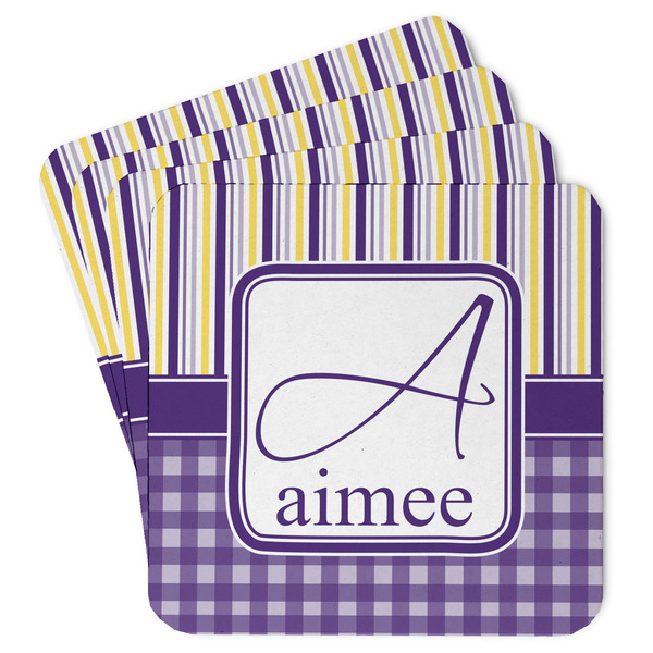 Custom Purple Gingham & Stripe Paper Coasters w/ Name and Initial