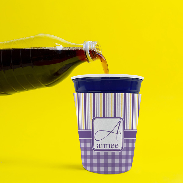 Purple Gingham & Stripe Party Cup Sleeves - without bottom - Lifestyle
