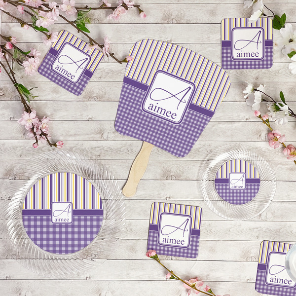 Purple Gingham & Stripe Party Supplies Combination Image - All items - Plates, Coasters, Fans