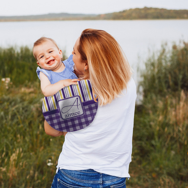 Purple Gingham & Stripe Peanut Shaped Burp - Lifestyle