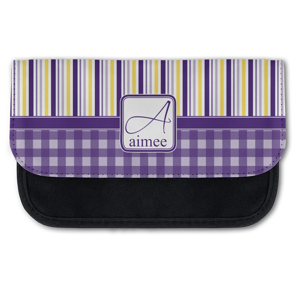 Custom Purple Gingham & Stripe Canvas Pencil Case w/ Name and Initial