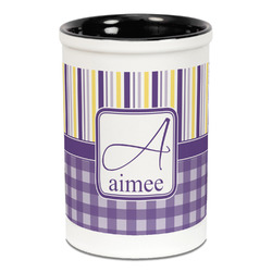Purple Gingham & Stripe Ceramic Pencil Holders - Black