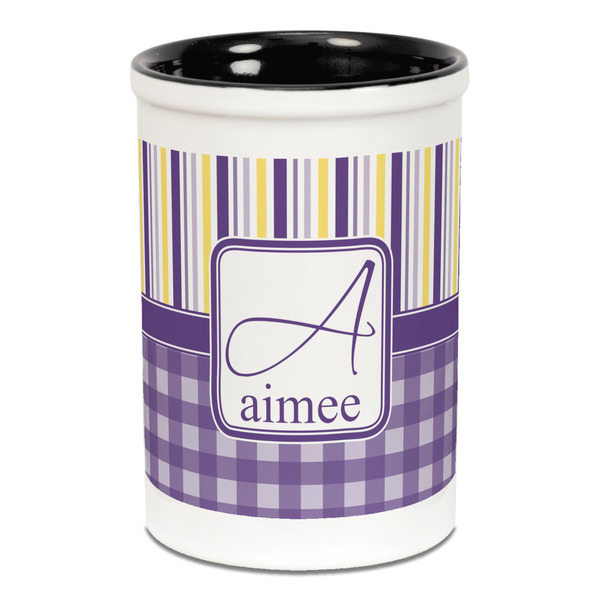 Custom Purple Gingham & Stripe Ceramic Pencil Holders - Black