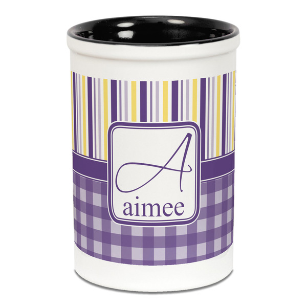 Purple Gingham & Stripe Pencil Holder - Black
