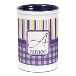 Purple Gingham & Stripe Ceramic Pencil Holders - Blue