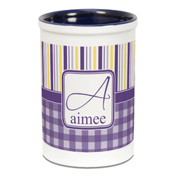 Purple Gingham & Stripe Ceramic Pencil Holders - Blue