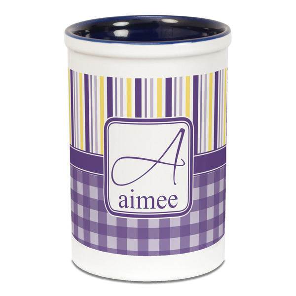 Custom Purple Gingham & Stripe Ceramic Pencil Holders - Blue