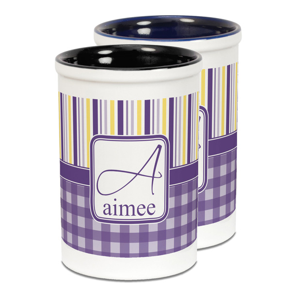 Custom Purple Gingham & Stripe Ceramic Pencil Holder - Large