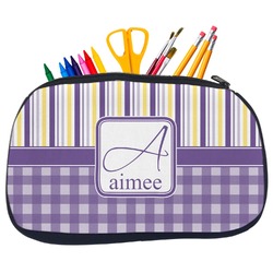 Purple Gingham & Stripe Neoprene Pencil Case - Medium w/ Name and Initial