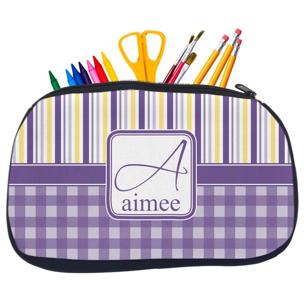 Custom Purple Gingham & Stripe Neoprene Pencil Case - Medium w/ Name and Initial