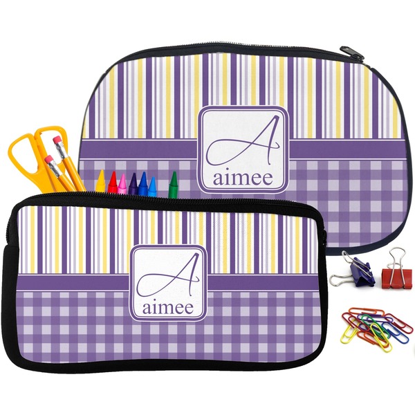 Purple Gingham & Stripe Pencil / School Supplies Bags Small and Medium