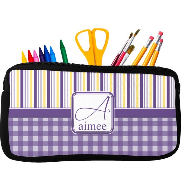 Custom Purple Gingham & Stripe Neoprene Pencil Case - Small w/ Name and Initial