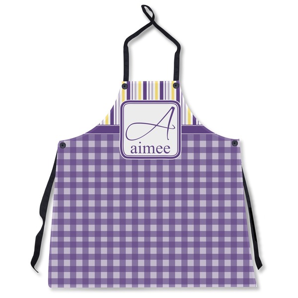 Custom Purple Gingham & Stripe Apron Without Pockets w/ Name and Initial