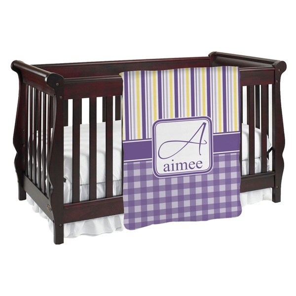 Custom Purple Gingham & Stripe Baby Blanket (Double Sided) (Personalized)