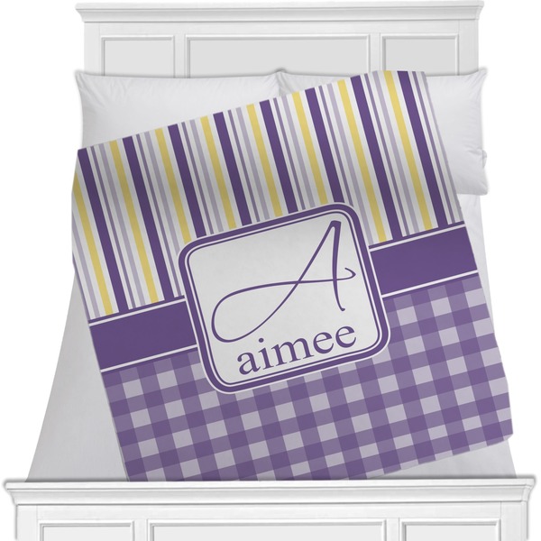 Custom Purple Gingham & Stripe Minky Blanket - Toddler / Throw - 60"x50" - Double Sided (Personalized)