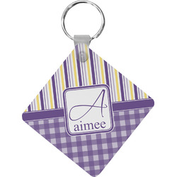 Purple Gingham & Stripe Diamond Plastic Keychain w/ Name and Initial