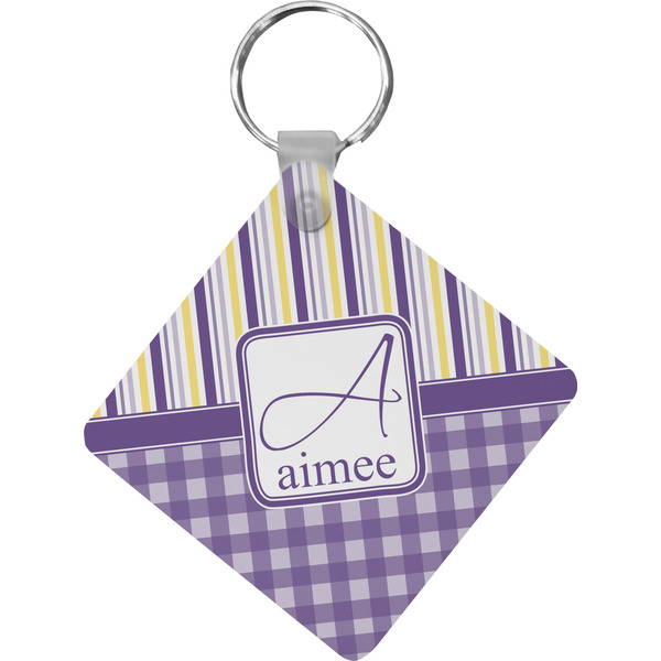 Custom Purple Gingham & Stripe Diamond Plastic Keychain w/ Name and Initial