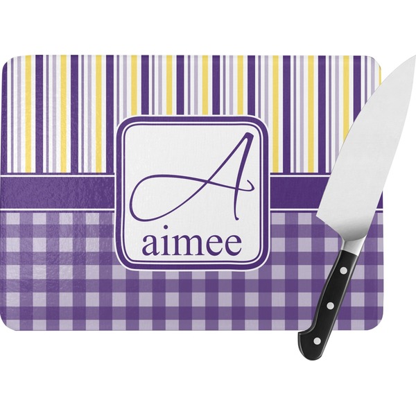 Custom Purple Gingham & Stripe Rectangular Glass Cutting Board (Personalized)