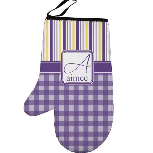 Purple Gingham & Stripe Personalized Oven Mitt - Left