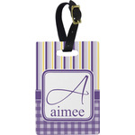 Purple Gingham & Stripe Plastic Luggage Tag - Rectangular w/ Name and Initial