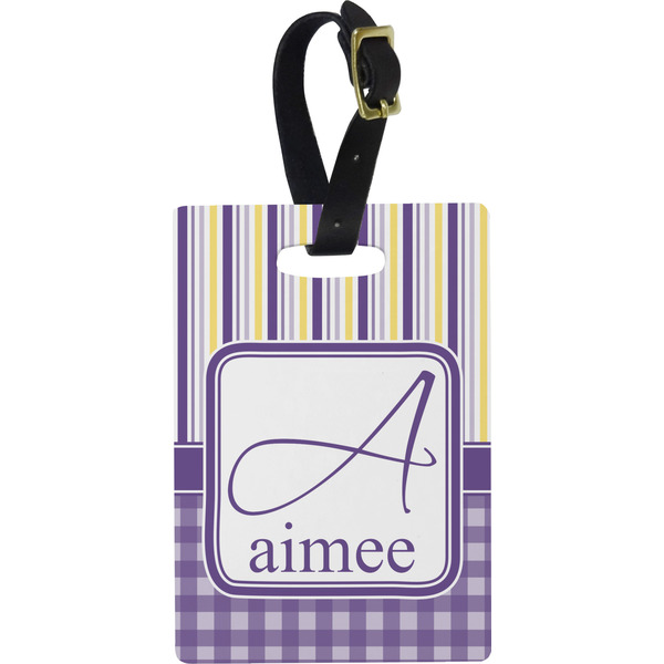 Custom Purple Gingham & Stripe Plastic Luggage Tag - Rectangular w/ Name and Initial