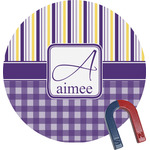 Purple Gingham & Stripe Round Fridge Magnet (Personalized)
