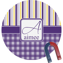 Purple Gingham & Stripe Round Fridge Magnet (Personalized)