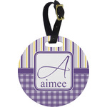 Purple Gingham & Stripe Plastic Luggage Tag - Round (Personalized)