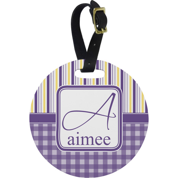 Custom Purple Gingham & Stripe Plastic Luggage Tag - Round (Personalized)