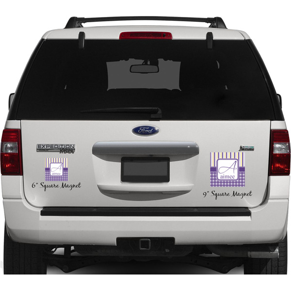 Purple Gingham & Stripe Personalized Square Car Magnets on Ford Explorer