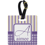 Purple Gingham & Stripe Plastic Luggage Tag - Square w/ Name and Initial