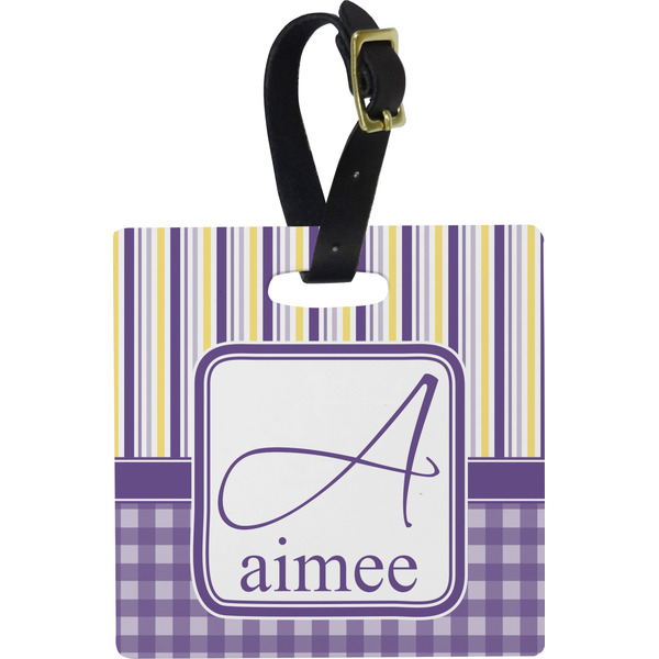 Purple Gingham & Stripe Personalized Square Luggage Tag