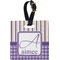 Purple Gingham & Stripe Plastic Luggage Tag - Square w/ Name and Initial