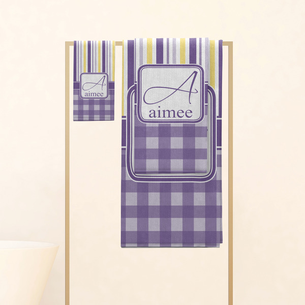 Purple Gingham & Stripe Personalized Towel Set