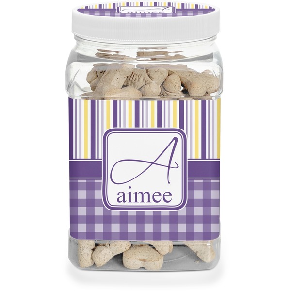 Custom Purple Gingham & Stripe Dog Treat Jar (Personalized)